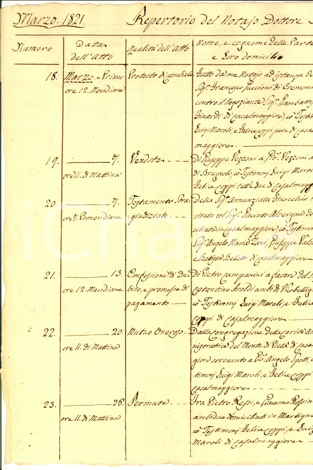 Documento originale, autentico Marzo 1821 CASALMAGGIORE CR Repertorio atti del notaio Giuseppe CONTESINI 1