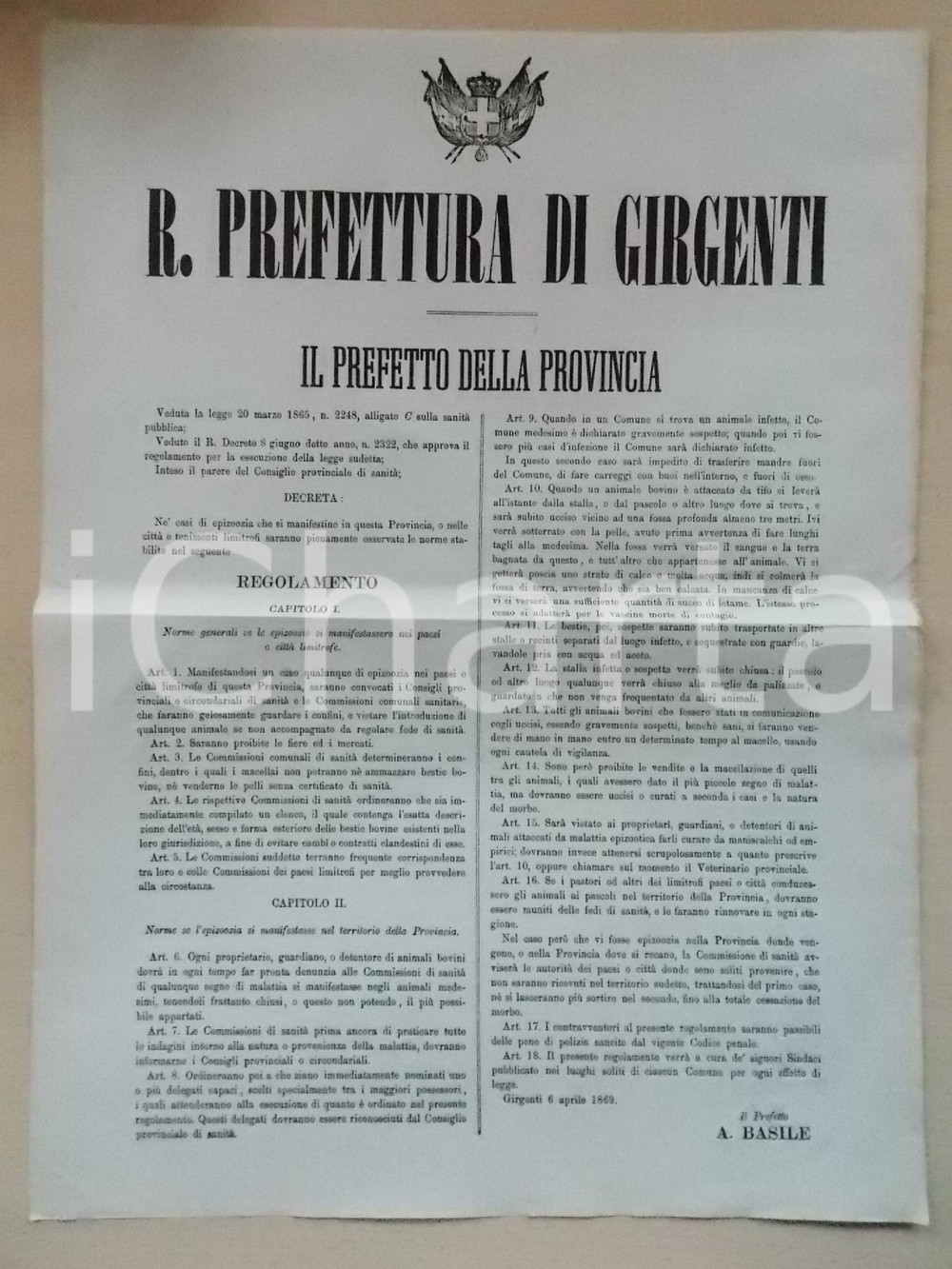 1869 GIRGENTI (AG) Norme per le epizoozie in città e in provincia *Manifesto