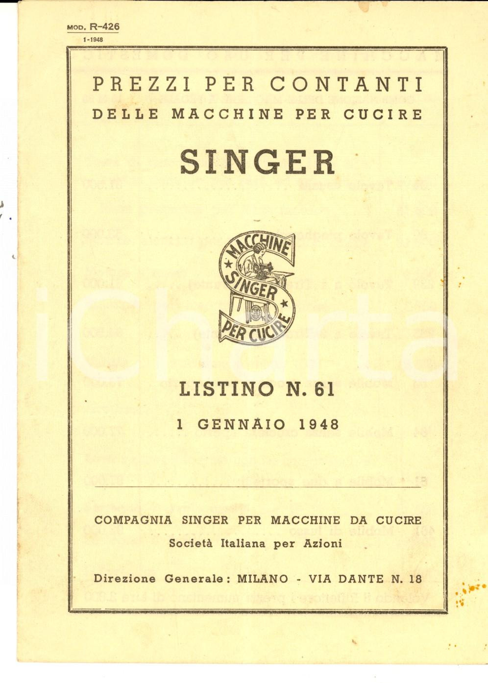 Materiale pubblicitario d’epoca Gennaio 1948 MILANO Macchine da cucire SINGER Listino prezzi n. 61 Opuscolo 1