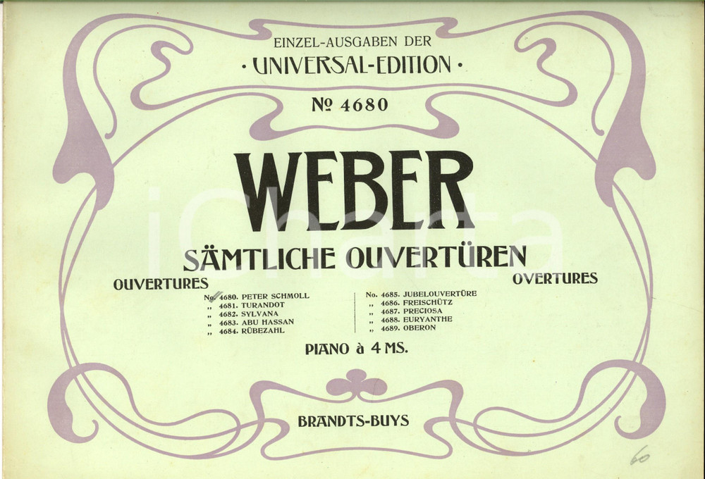 Oggetto da collezione cartaceo 1910 Carl Maria von WEBER Samtliche Ouverturen  Piano Ed. UNIVERSAL nÂ° 4680 1