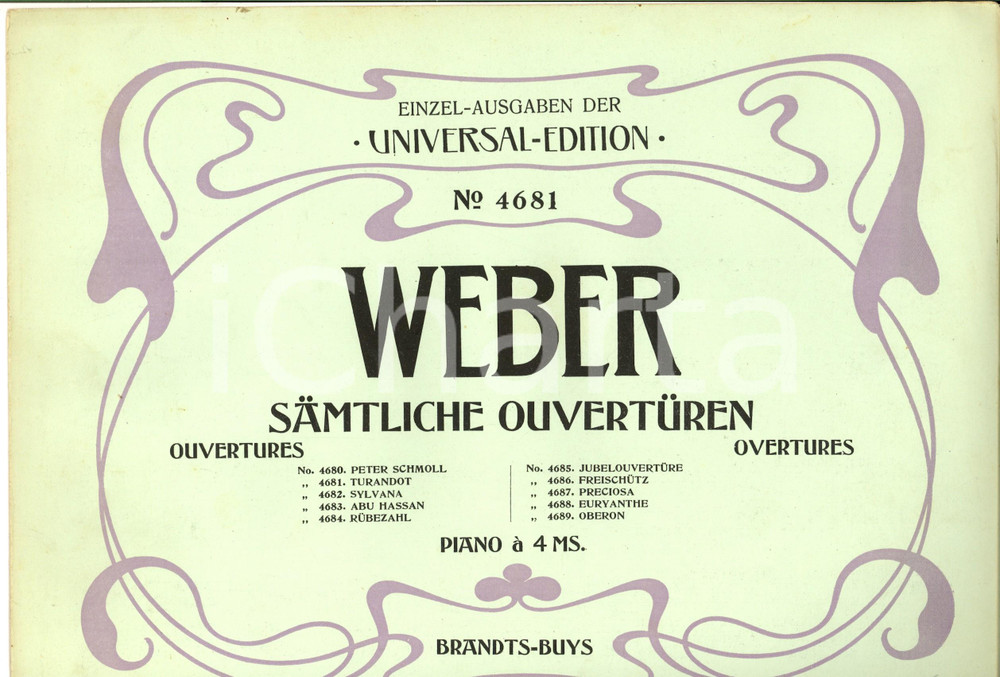Oggetto da collezione cartaceo 1910 Carl Maria von WEBER Samtliche Ouverturen  Piano Ed. UNIVERSAL nÂ° 4681 1