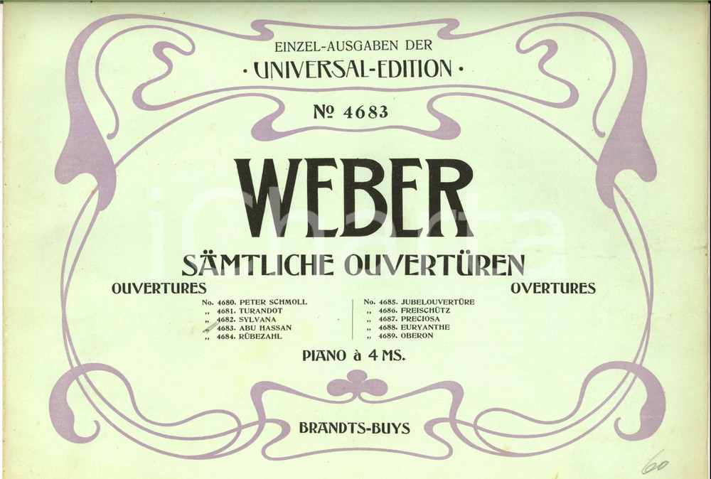Oggetto da collezione cartaceo 1910 Carl Maria von WEBER Samtliche Ouverturen  Piano Ed. UNIVERSAL nÂ° 4683 1