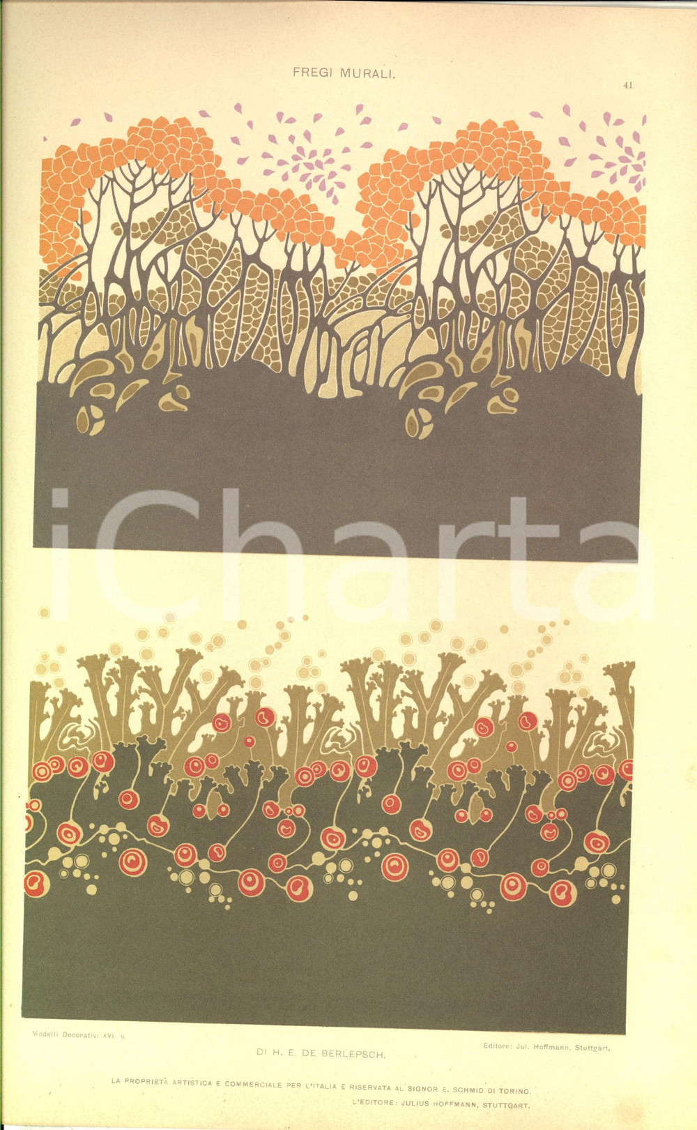 Stampa, bozzetto originale 1910 ca H. E. DE BERLEPSCH Fregi murali Tavola 35x25 cm da MODELLI DECORATIVI 1