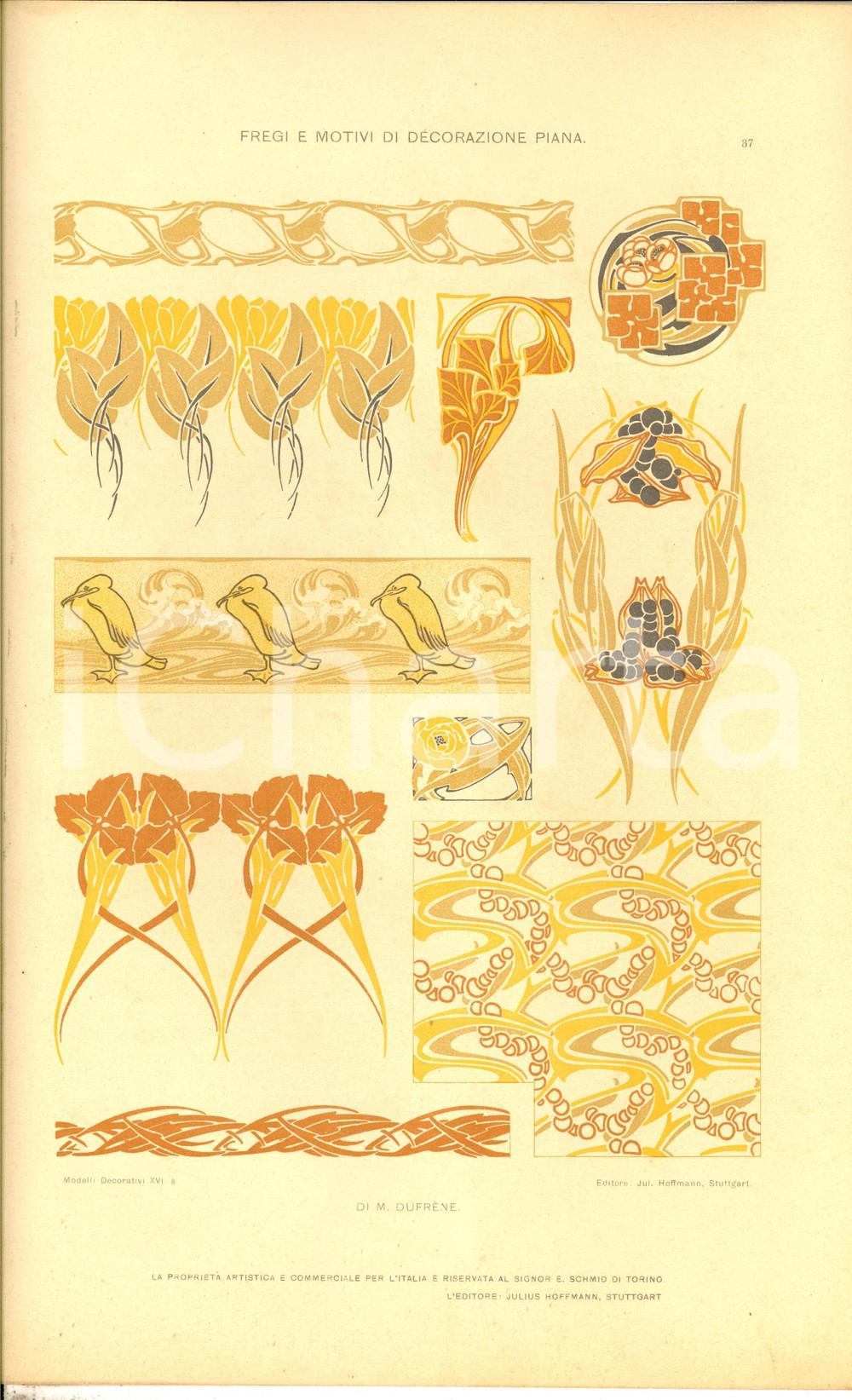 Stampa, bozzetto originale 1910 ca M. DUFRENE Decorazione piana Tavola 35x25 cm da MODELLI DECORATIVI 1