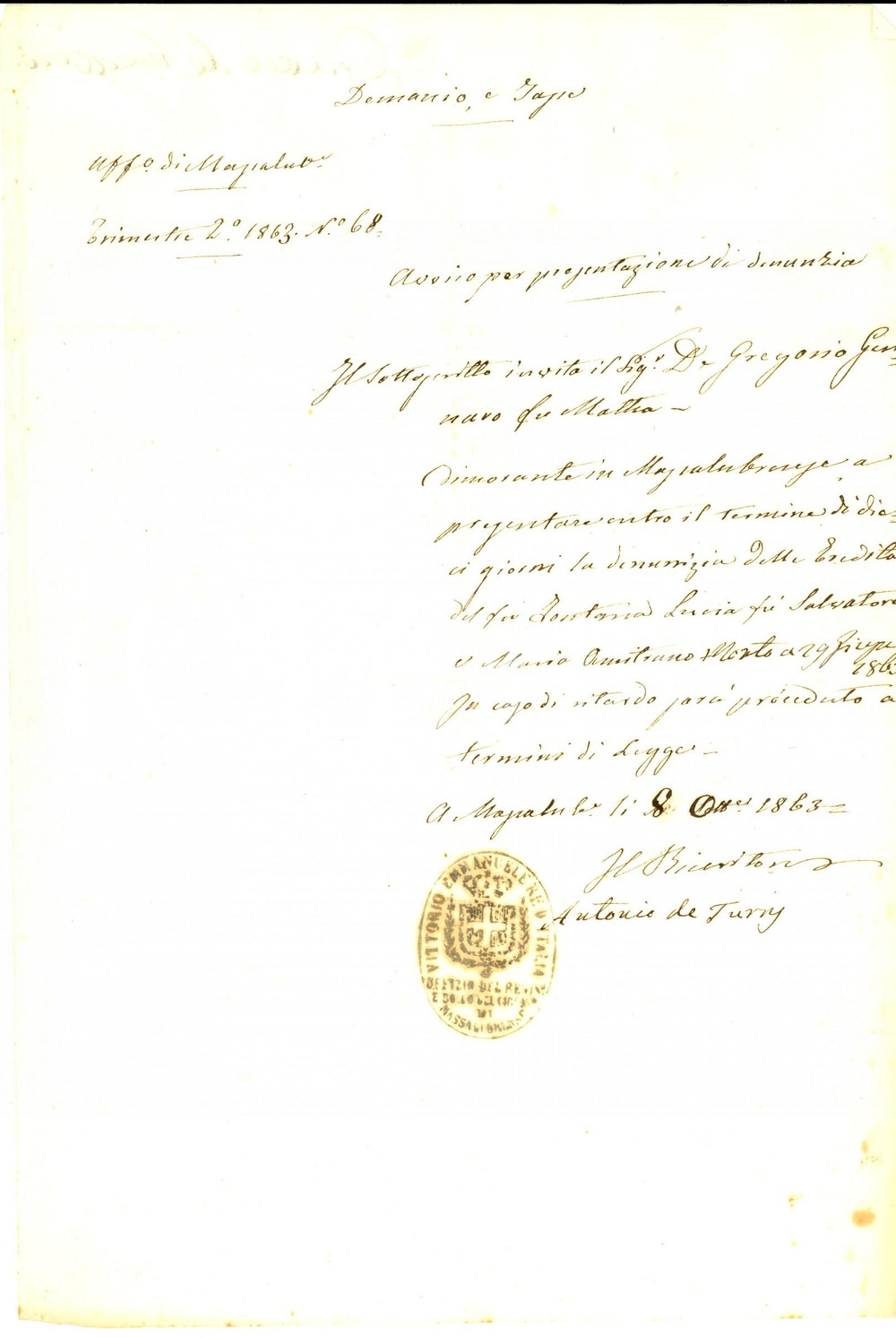 Documento originale, autentico 1863 MASSALUBRENSE Invito a Gennaro DE GREGORIO per denuncia ereditÃ  FONTANA 1