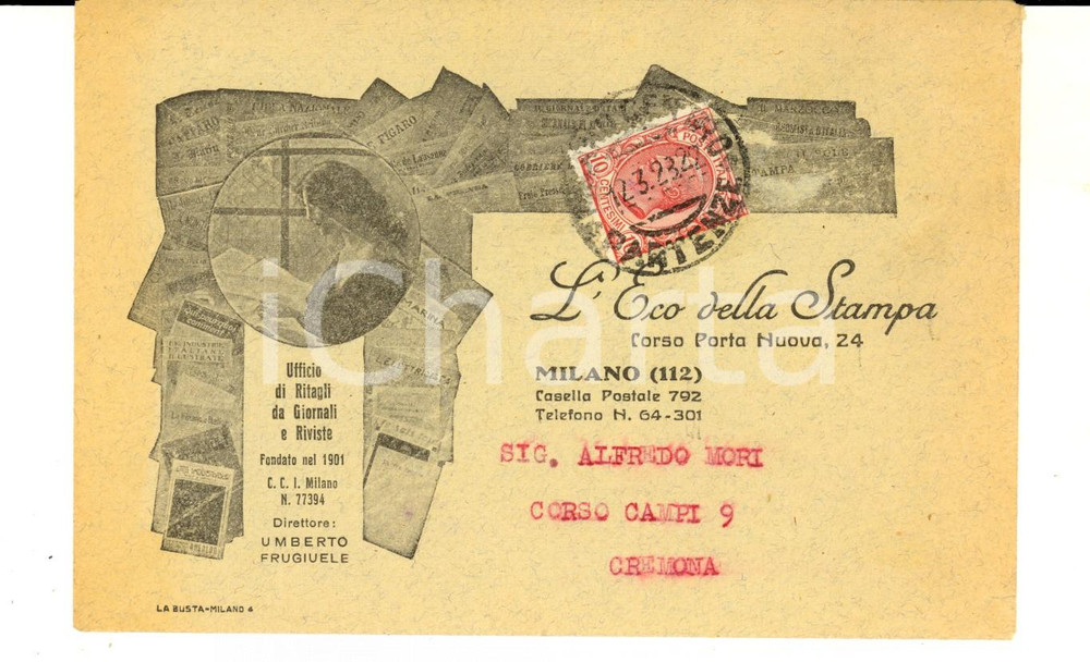Materiale pubblicitario d’epoca 1923 MILANO Busta intestata L ECO DELLA STAMPA Priva di contenuto 1