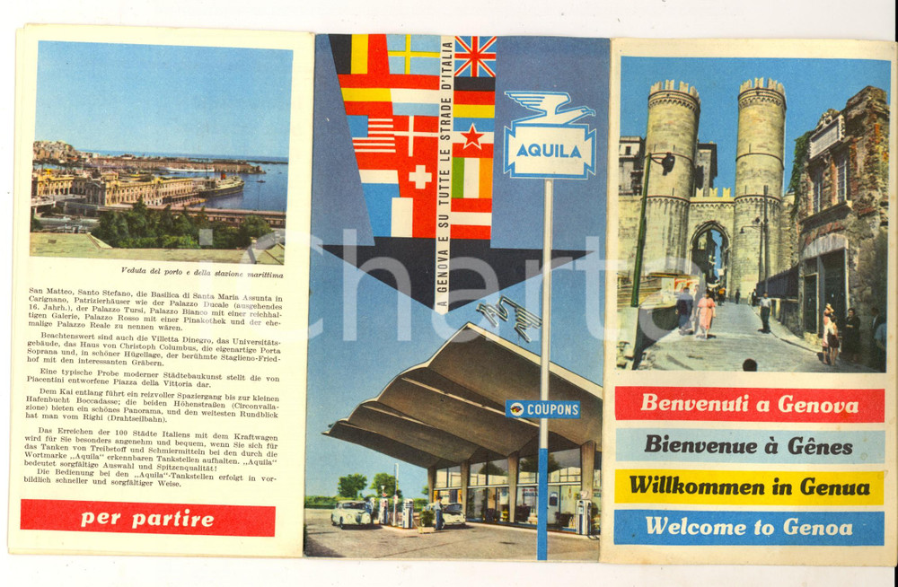 Materiale pubblicitario d’epoca 1961 GENOVA Pieghevole ILLUSTRATO con mappa Pubblicitario benzinai AQUILA 1