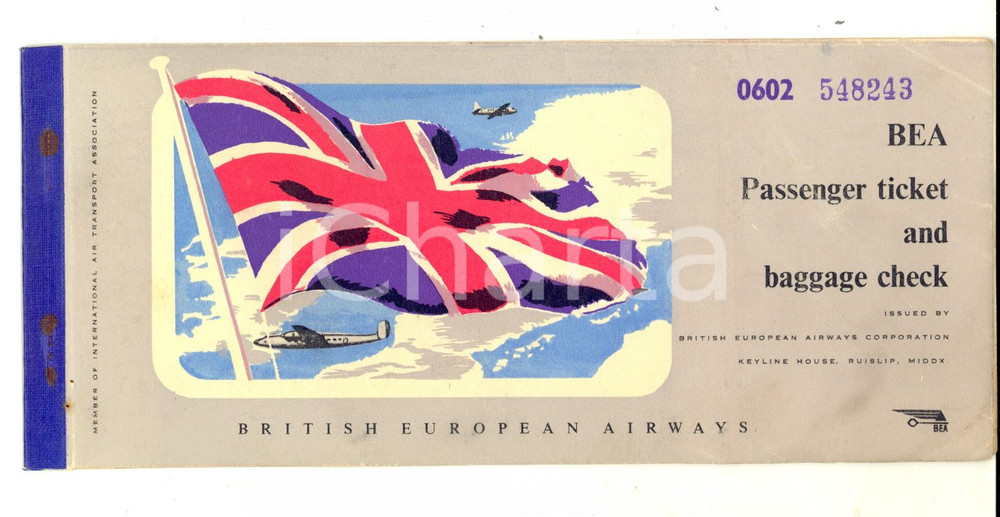 Materiale pubblicitario d’epoca 1952 BRITISH AIRWAYS Biglietto per passeggeri volo LONDON  PARIS 1