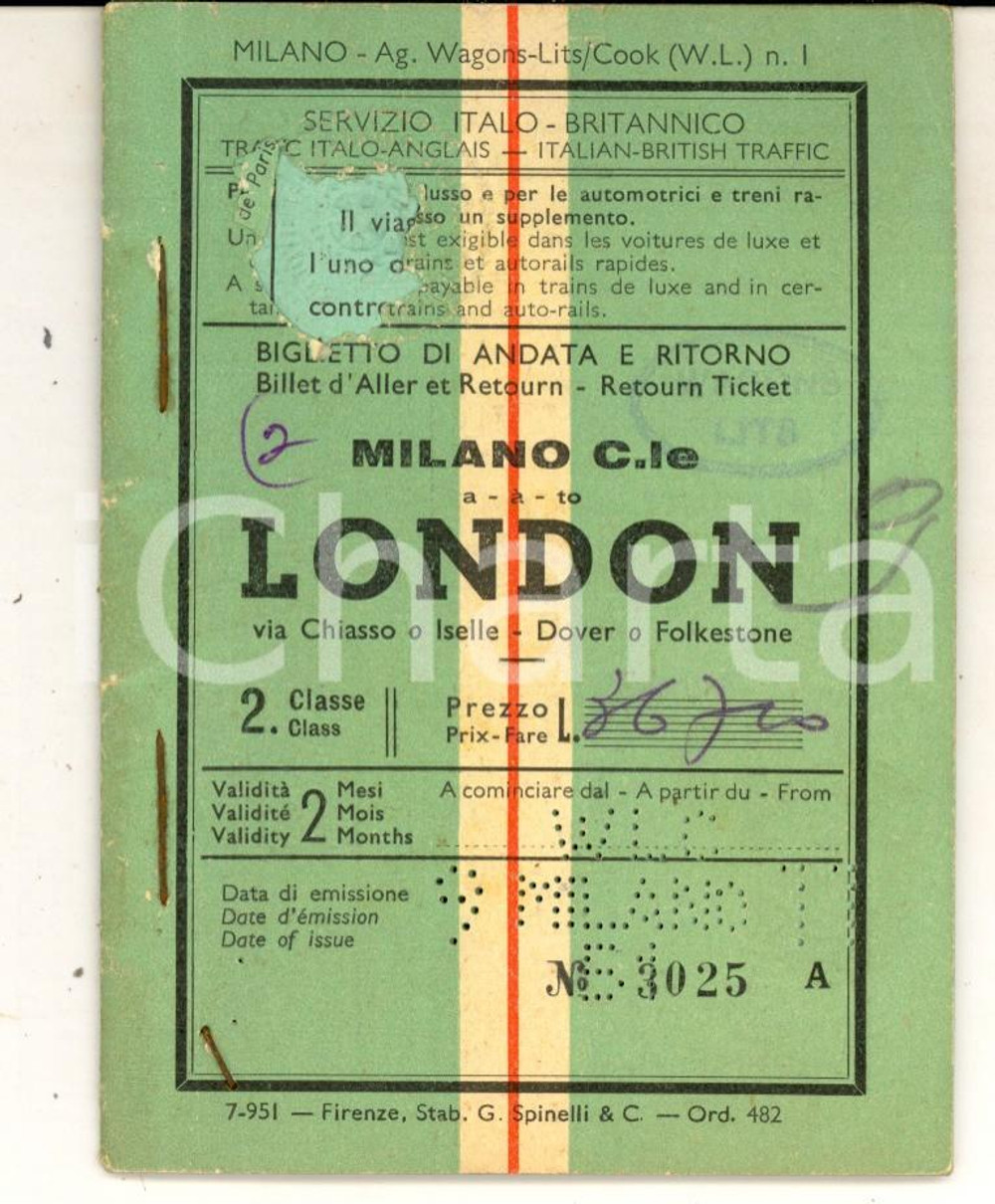 Materiale pubblicitario d’epoca 1951 MILANO WAGONLITS COOK Biglietto MILANOLONDON via Chiasso 2 classe 1