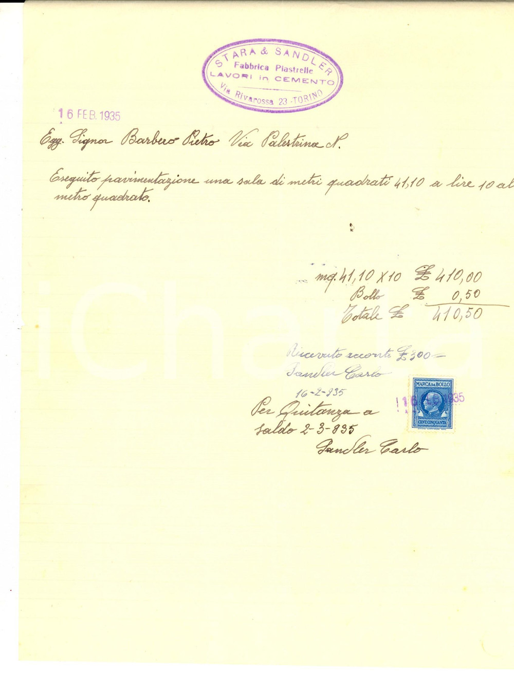 Documento originale, autentico 1935 TORINO STARA & SANDLER Fabbrica piastrelle e lavori in cemento Conto 1