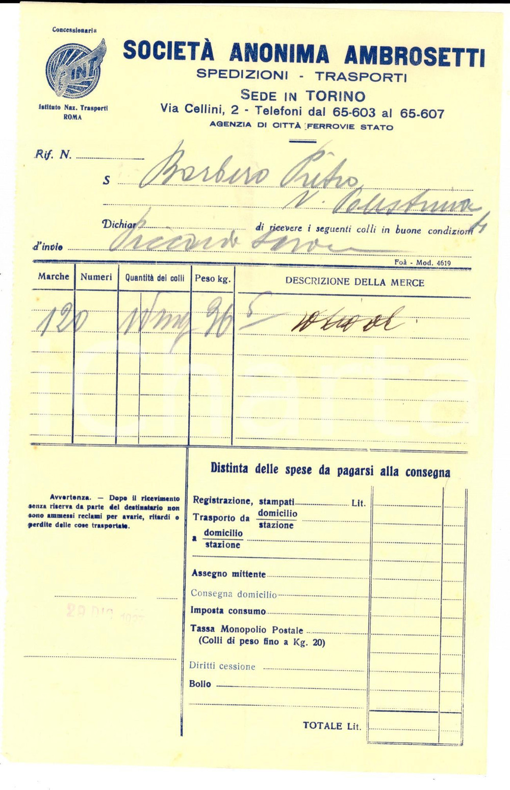 Documento originale, autentico 1937 TORINO SocietÃ  Anonima AMBROSETTI Trasporti  Lettera per spedizione 1