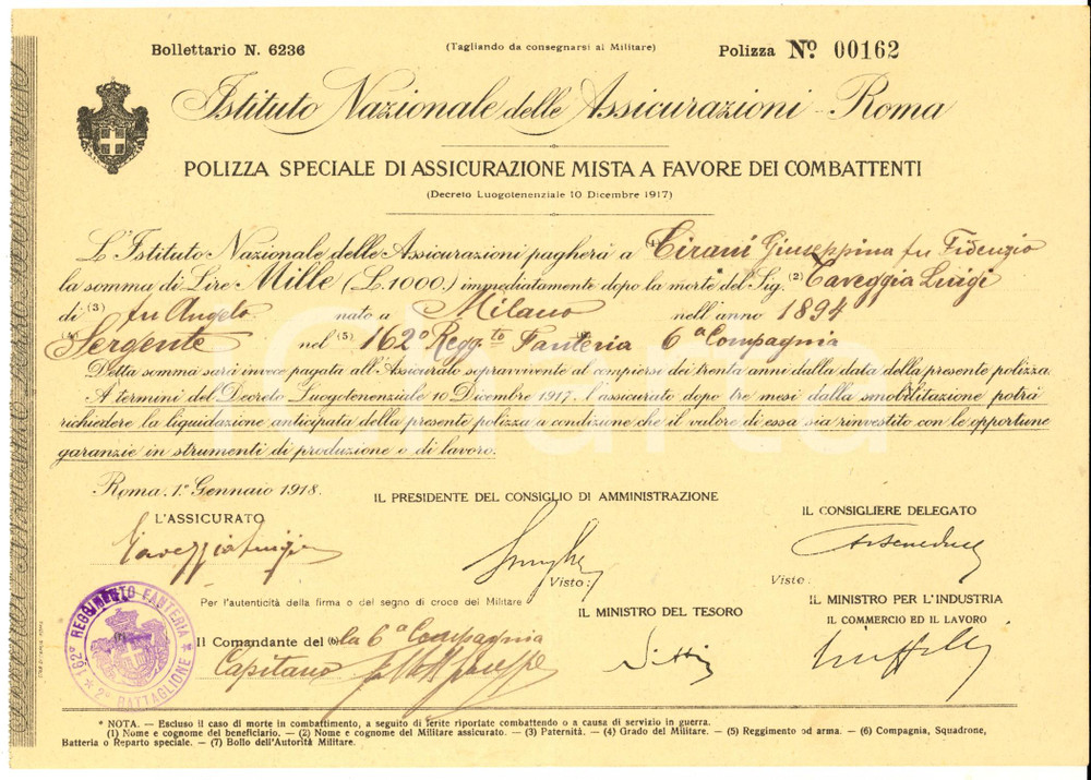 Oggetto da collezione cartaceo 1918 ROMA Istituto Nazionale Assicurazioni d ITALIA Polizza mista combattenti 1