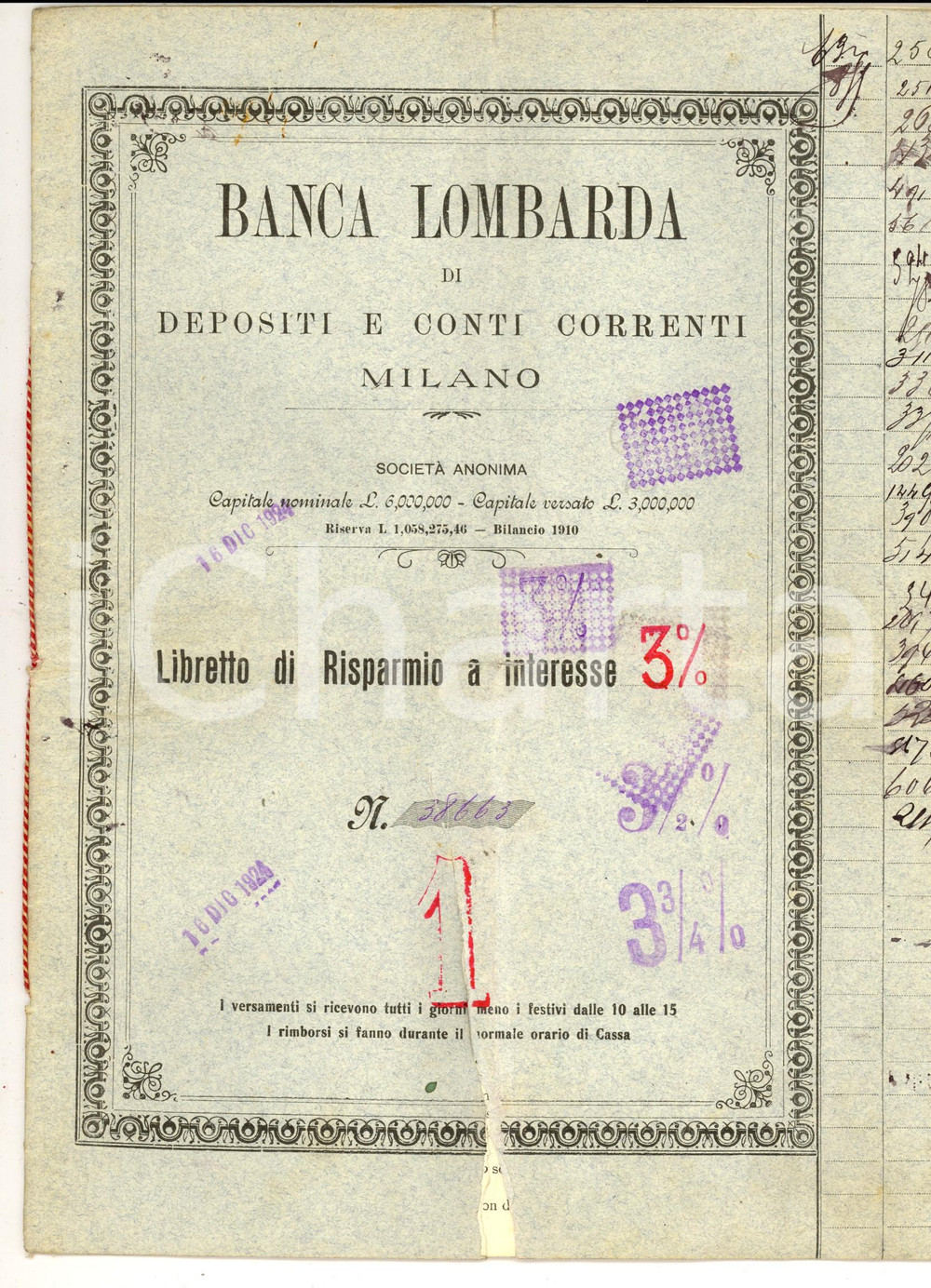 Oggetto da collezione cartaceo 1924 BANCA LOMBARDA Libretto di risparmio vedova Giuseppina CIRANI RINUNCIATO 1