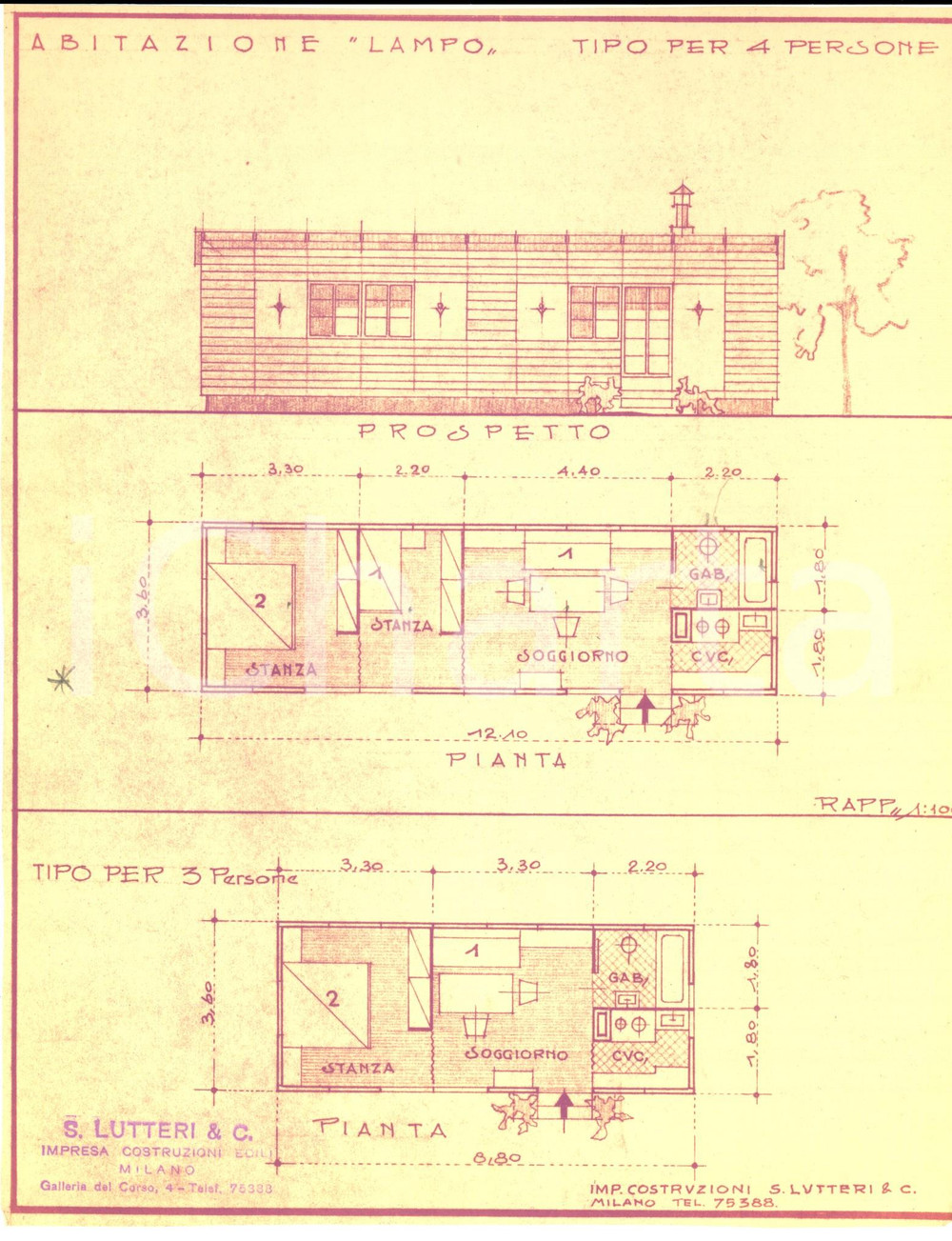 Stampa, bozzetto originale 1950 ca MILANO Ditta S. LUTTERI Progetto per abitazione LAMPO 4 persone 1