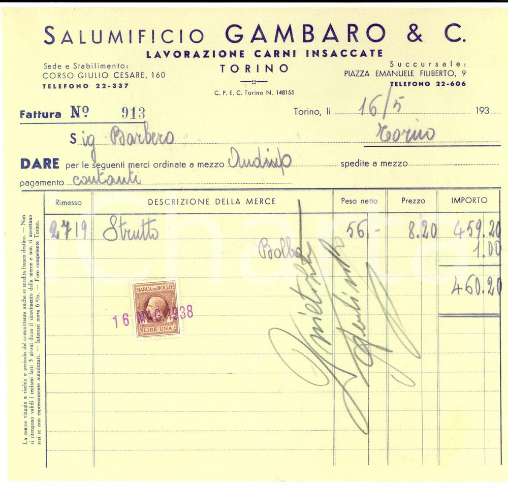 Documento originale, autentico 1938 TORINO Salumificio GAMBARO Lavorazione carni insaccate Fattura per strutto 1