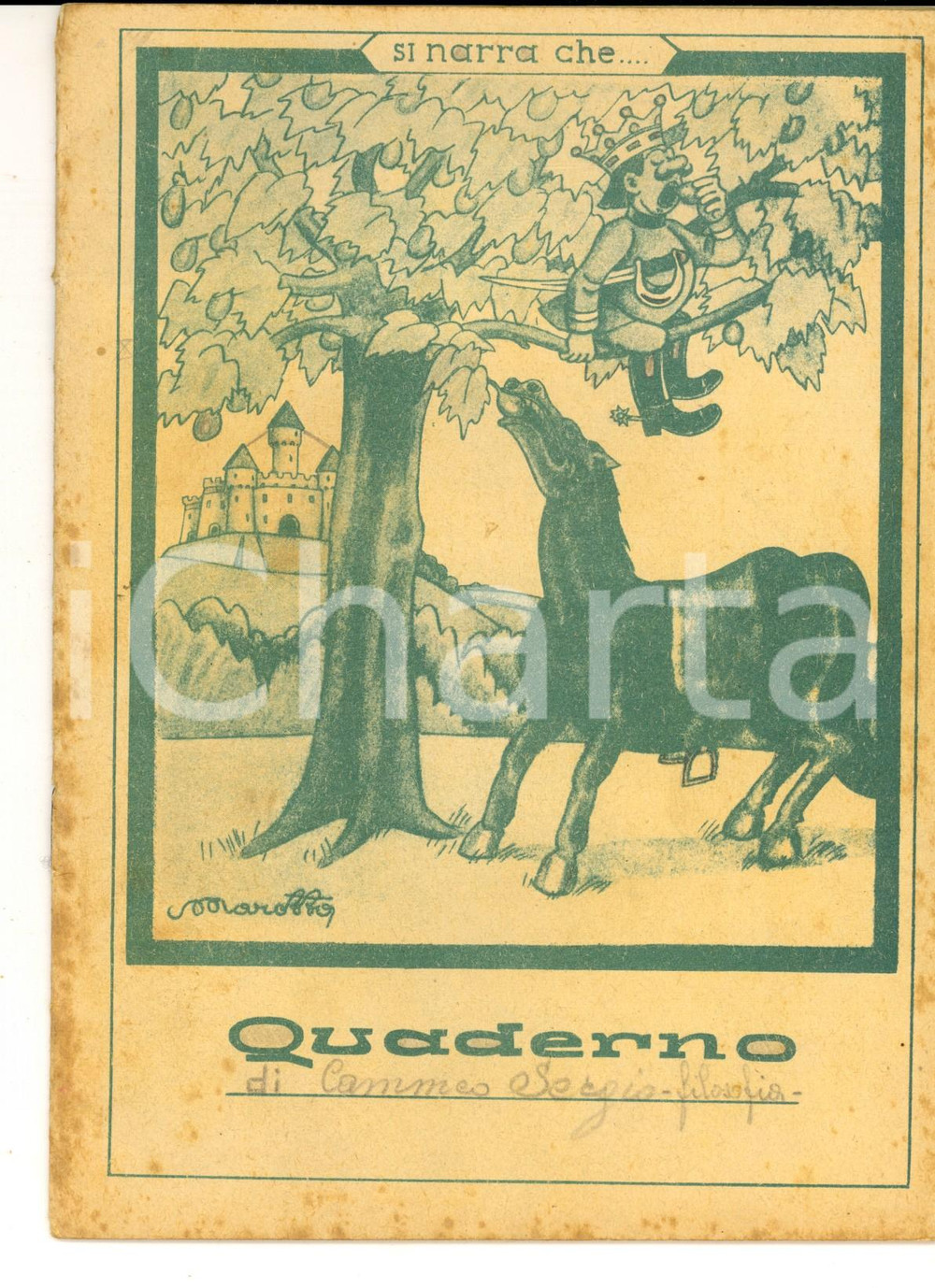 Oggetto da collezione cartaceo 1940 ca Quaderno Sergio CAMMEO  Filosofia Copertina ill. MAROTTA Re bellicoso 1
