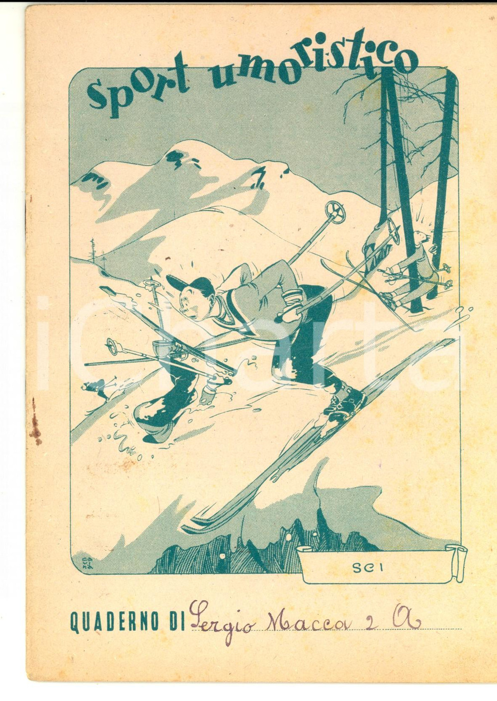 Oggetto da collezione cartaceo 1947 Quaderno 2 ELEMENTARE di Sergio MACCA Copertina SPORT UMORISTICO  SCI 1
