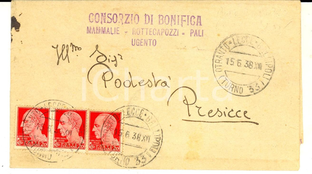 Oggetto da collezione cartaceo 1938 STORIA POSTALE PUGLIA Piego Imperiale 20 cent. BONIFICA MAMMALIE  UGENTO 1