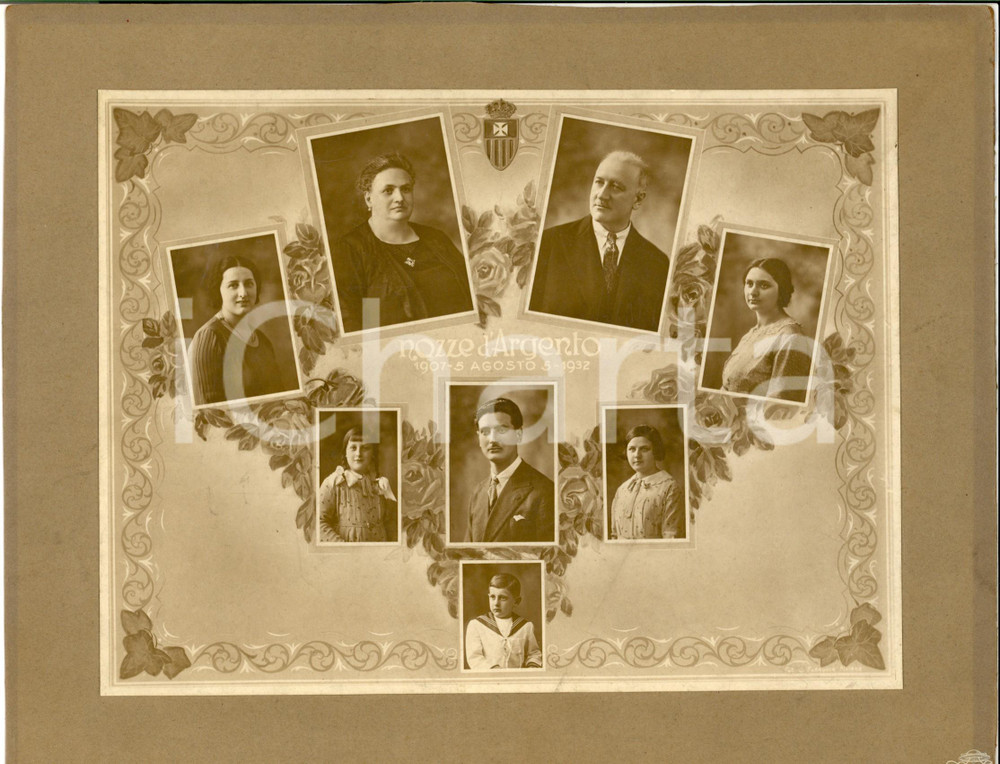 Fotografia d epoca originale 1932 MILANO Quadro per NOZZE D ARGENTO su cartoncino Studio FARABOLA 28x21 1