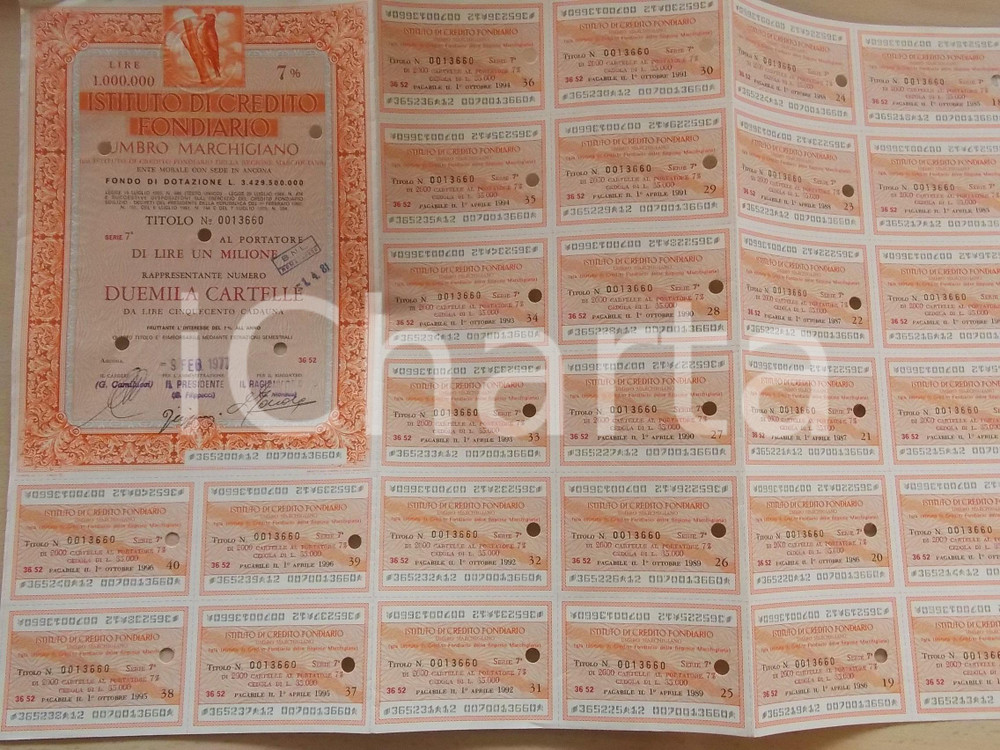 Oggetto da collezione cartaceo 1977 ANCONA Istituto di Credito Fondiario UMBROMARCHIGIANO Titolo 2000 cartelle 1