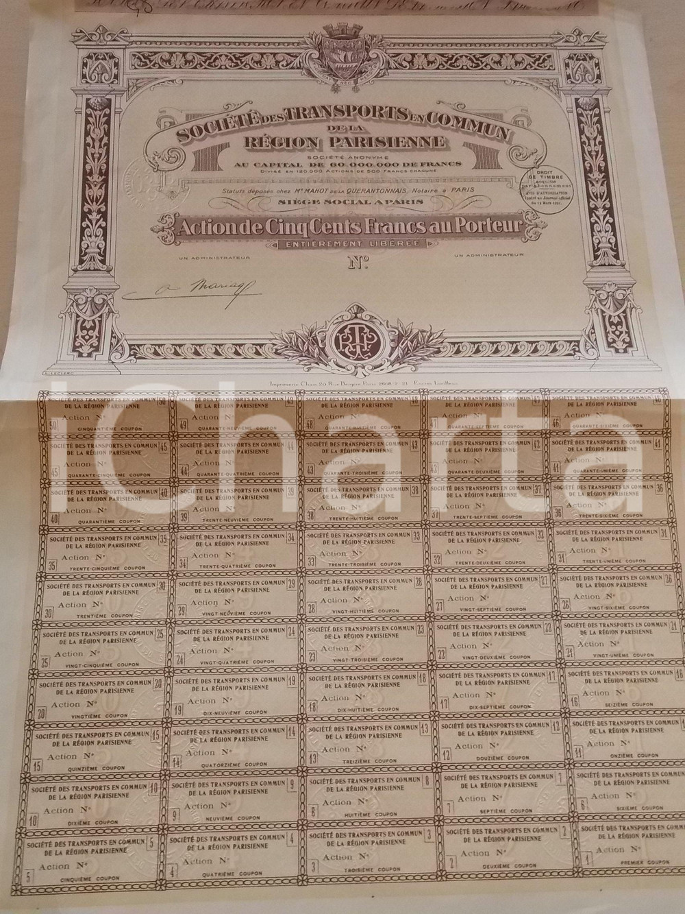 Oggetto da collezione cartaceo 1930 ca PARIS Société Transports en Commun Région Parisienne Action 500 Francs 1