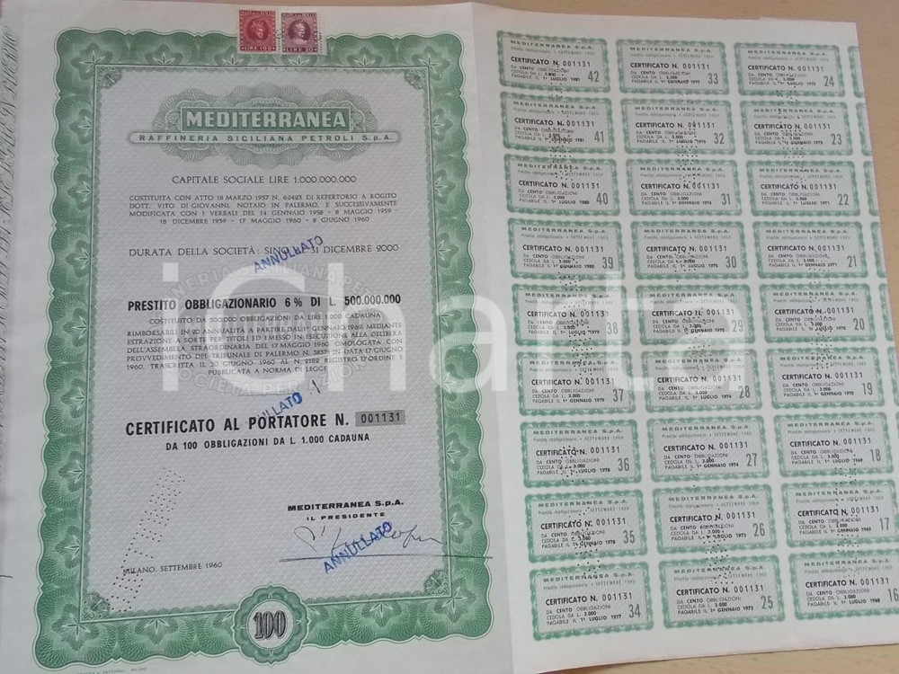 Oggetto da collezione cartaceo 1960 MEDITERRANEA Raffineria Siciliana Petroli Certificato 100 obbligazioni 1