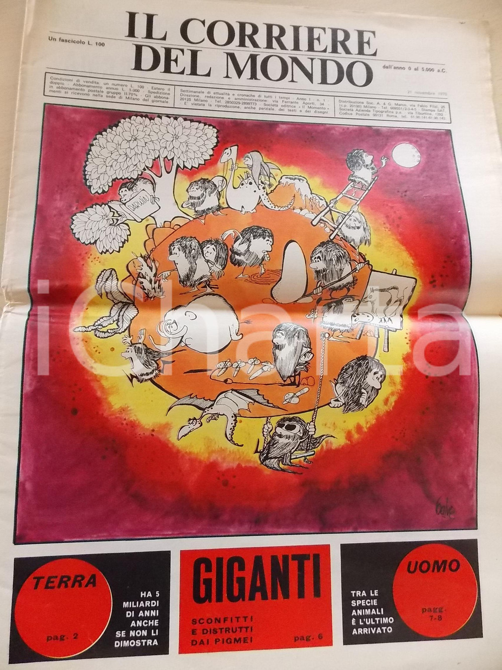 Giornale, rivista storica 1970 CORRIERE DEL MONDO Uomo di NEANDERTHAL Giornale SATIRICO Anno I nÂ°1 1