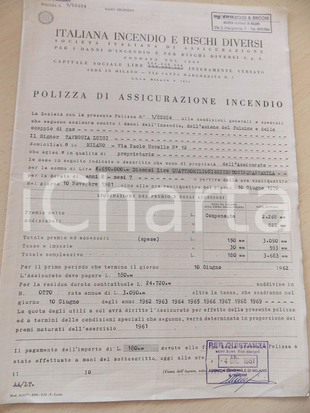 Documento originale, autentico 1961 MILANO Assicurazione ITALIANA INCENDIO e rischi diversi  Polizza 1