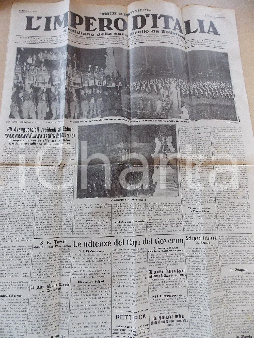 Giornale, rivista storica 1930 L IMPERO D ITALIA Avanguardisti al Milite Ignoto Giornale anno I nÂ° 105 1