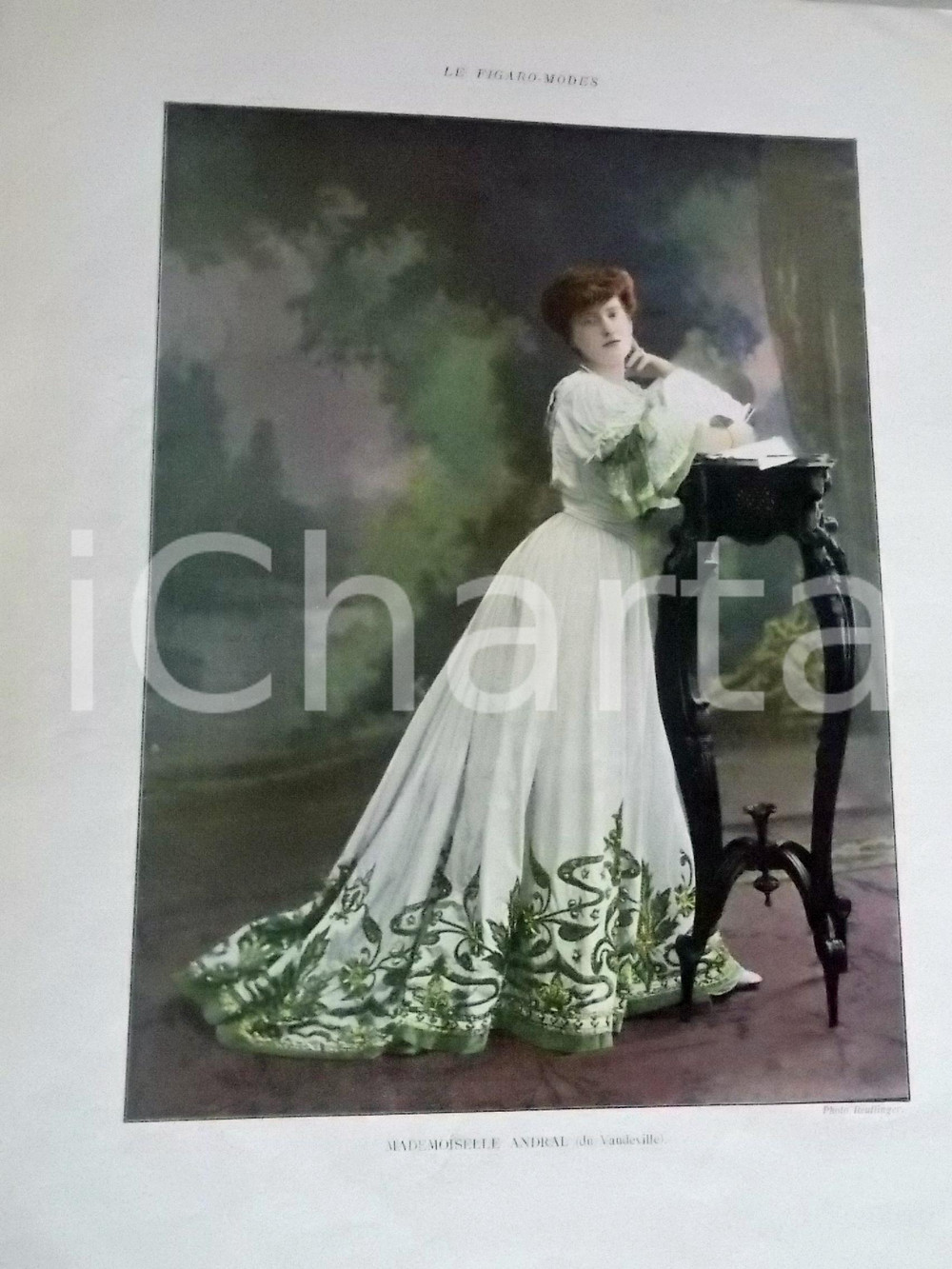 Stampa, bozzetto originale 1890 ca LE FIGARO  MODES M.lle ANDRAL Du Vaudeville Tavola 27x35 cm 1