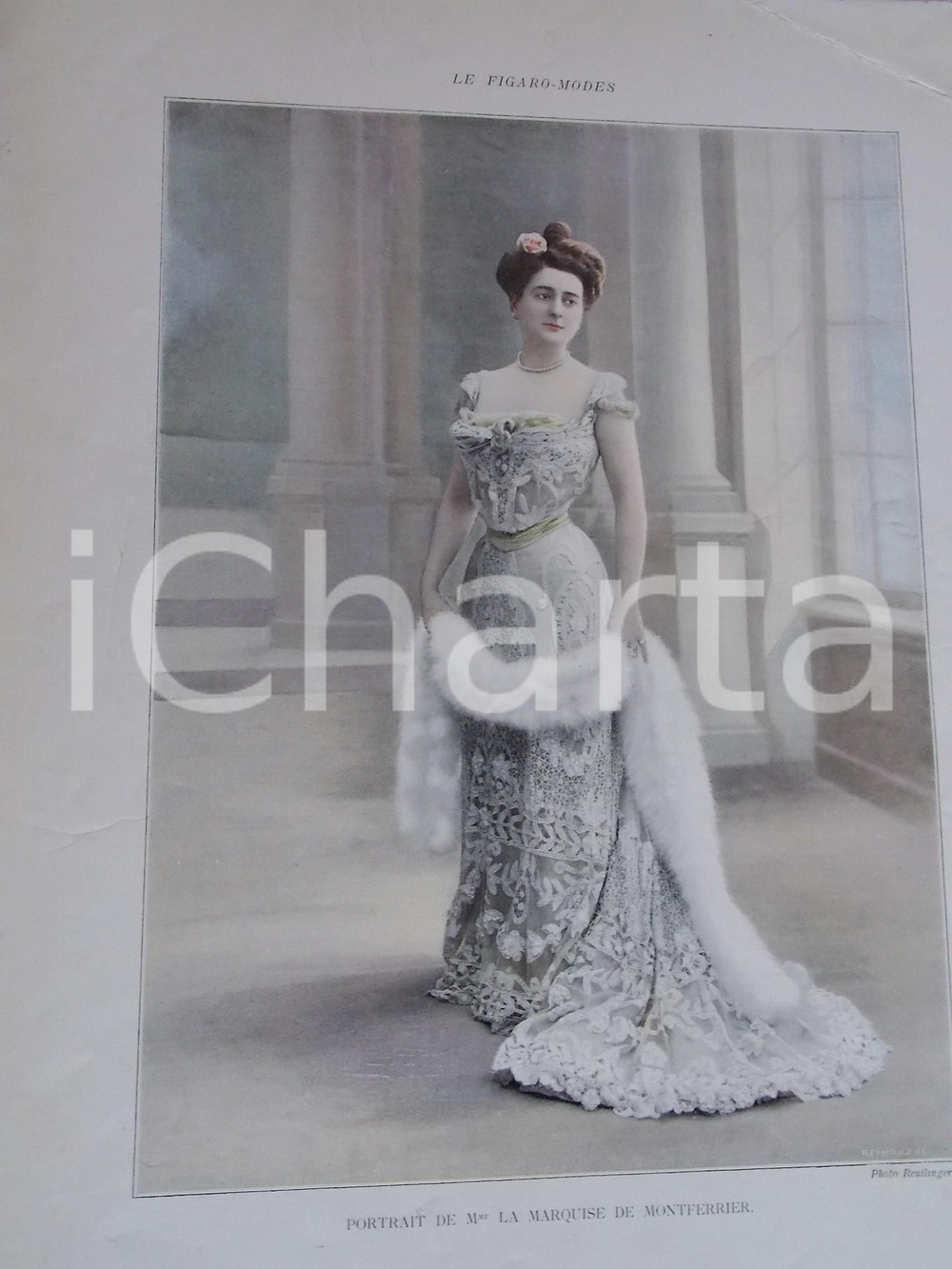Stampa, bozzetto originale 1890 ca LE FIGARO  MODES Portrait de la marquise de MONTFERRIER Tavola 27x35 cm 1