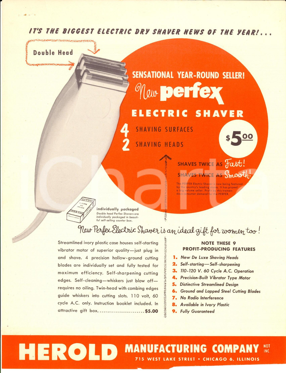 Materiale pubblicitario d’epoca 1950 ca HEROLD COMPANY  PERFEX Electric shaver  Volantino pubblicitario 1