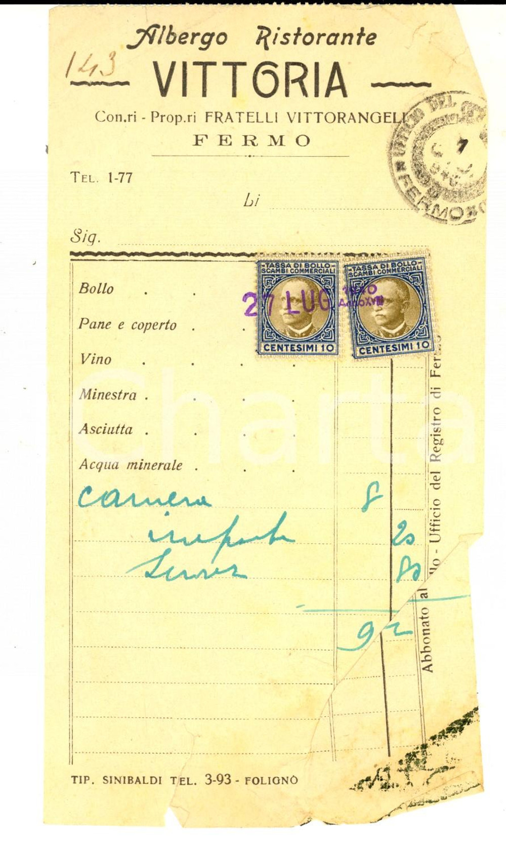 Documento originale, autentico 1940 FERMO Albergo VITTORIA  Fratelli VITTORANGELI Ricevuta DANNEGGIATA 1