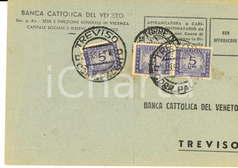 Cartolina originale da collezione 1951 STORIA POSTALE Cartolina BANCA CATTOLICA DEL VENETO L. 5 SEGNATASSE 1