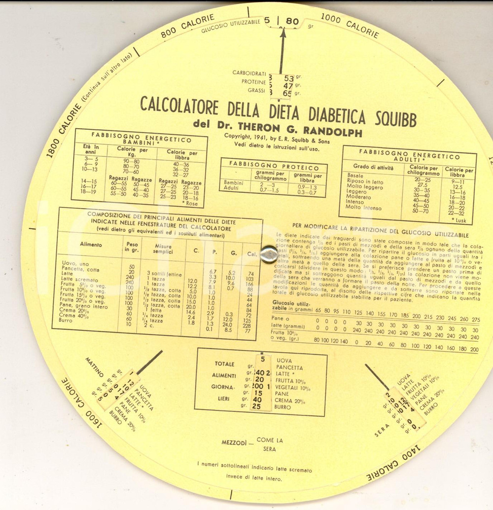Materiale pubblicitario d’epoca 1950 ca Dieta dietetica SQUIBB del dr. THERON  Disco girevole PUBBLICITARIO 1