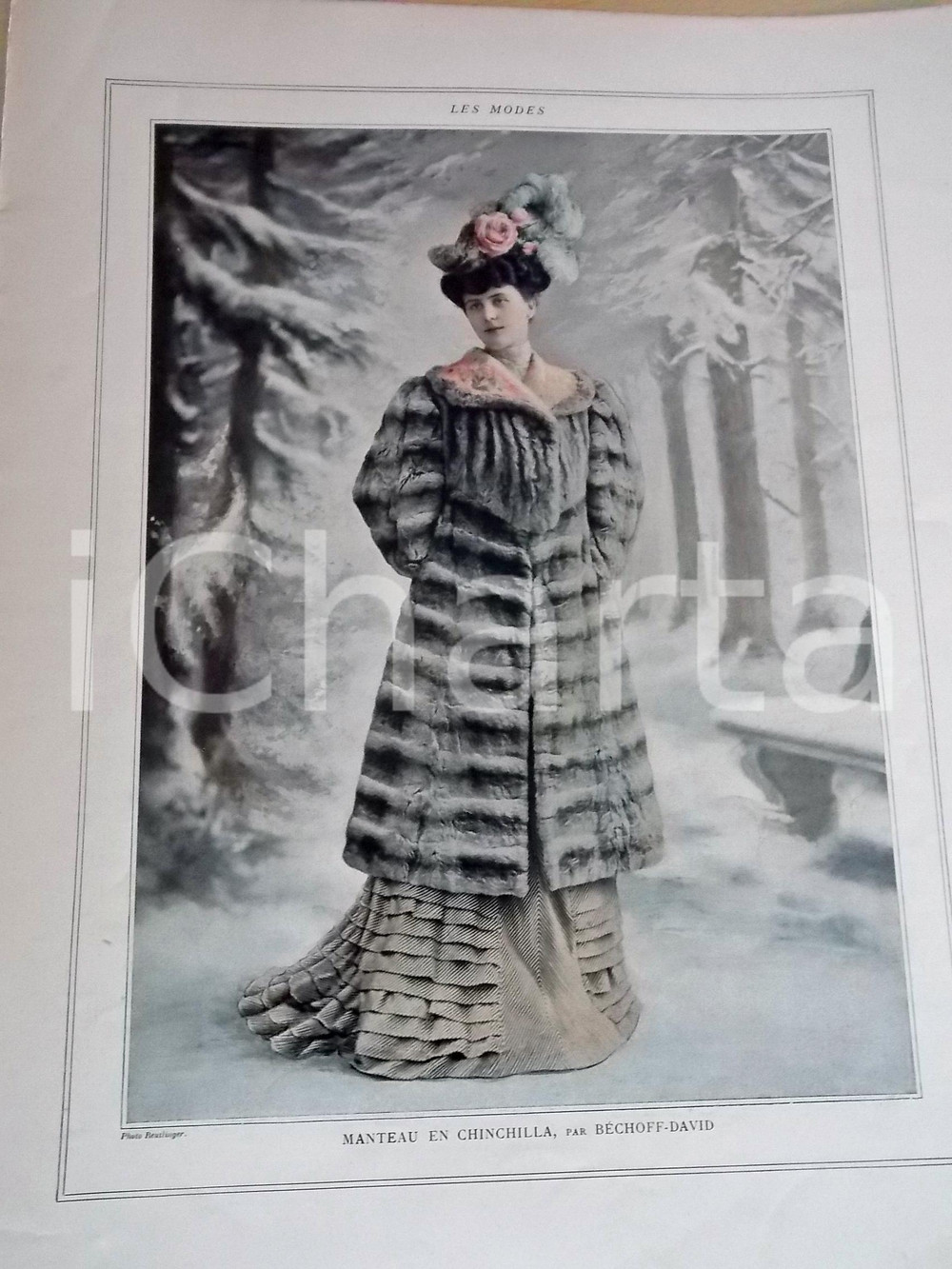 Stampa, bozzetto originale 1890 ca LE FIGARO  MODES Manteau en chinchilla BECHOFFDAVID Tavola 27x35 cm 1