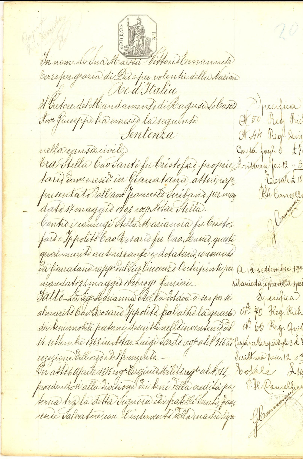 Documento originale, autentico 1908 GIARRATANA Sentenza nella causa tra Santi e Marianna STELLA per ereditÃ  1