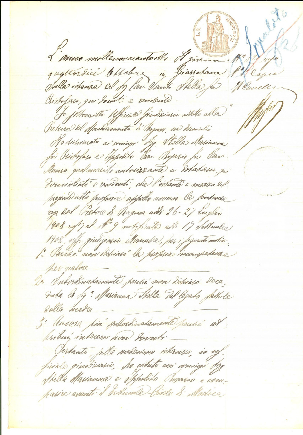 Documento originale, autentico 1908 GIARRATANA Mandato di comparizione per Marianna STELLA e Rosario IPPOLITO 1