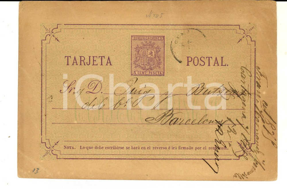 Cartolina originale da collezione 1875 CARTAGENA ES Tarjeta postal Francisco HERMOSILLO a PUIG Y BUTSEMS 1