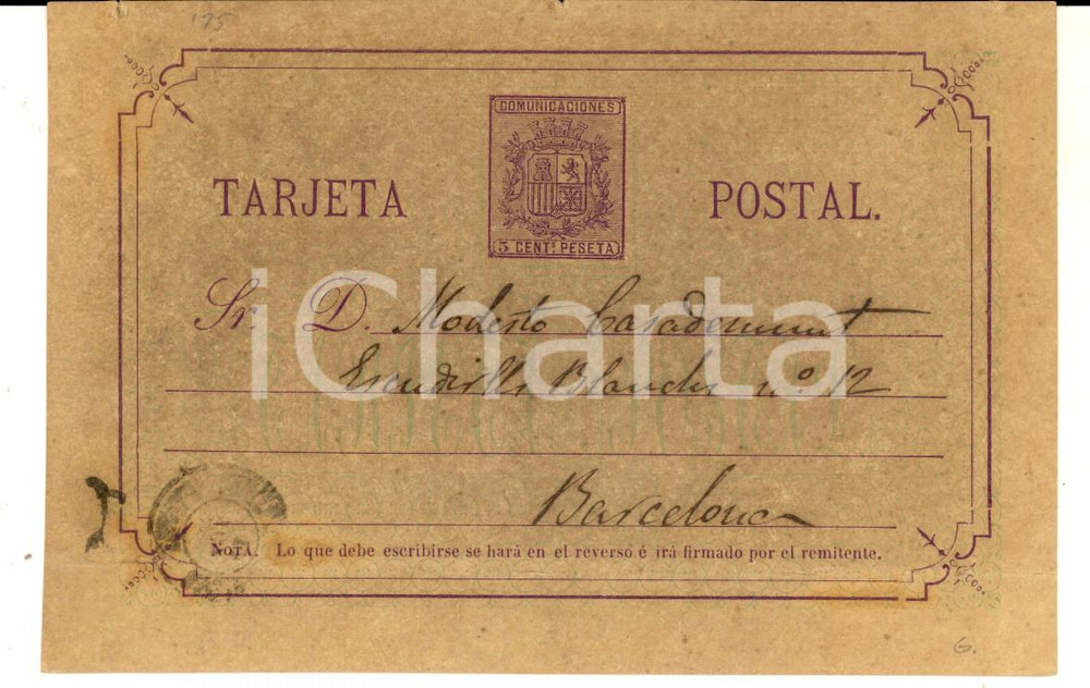 Cartolina originale da collezione 1870 ca ESPANA Tarjeta postal facturas de C. M. CANO a Modesto CASADEMONT 1
