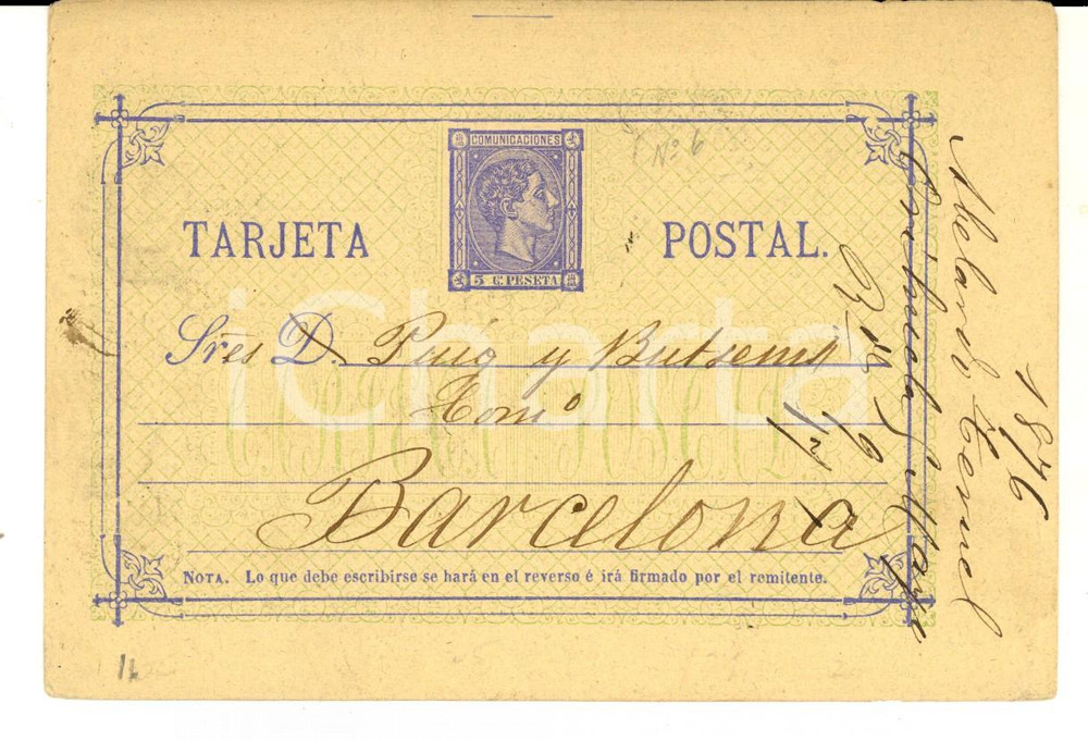 Cartolina originale da collezione 1876 ORIHUELA ES Tarjeta postal orden A. CELARDO FERUEL a PUIG Y BUTSEMS 1