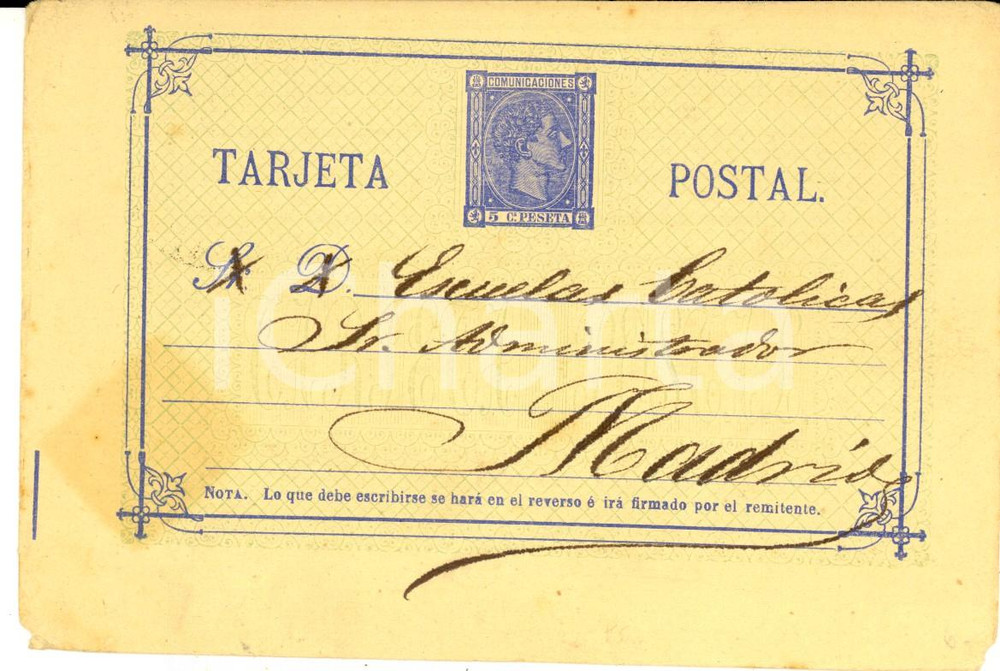 Cartolina originale da collezione 1876 SEVILLA Tarjeta postal HIJOS DE FE  a Escuelas Catolicas  Billetes sorteo 1