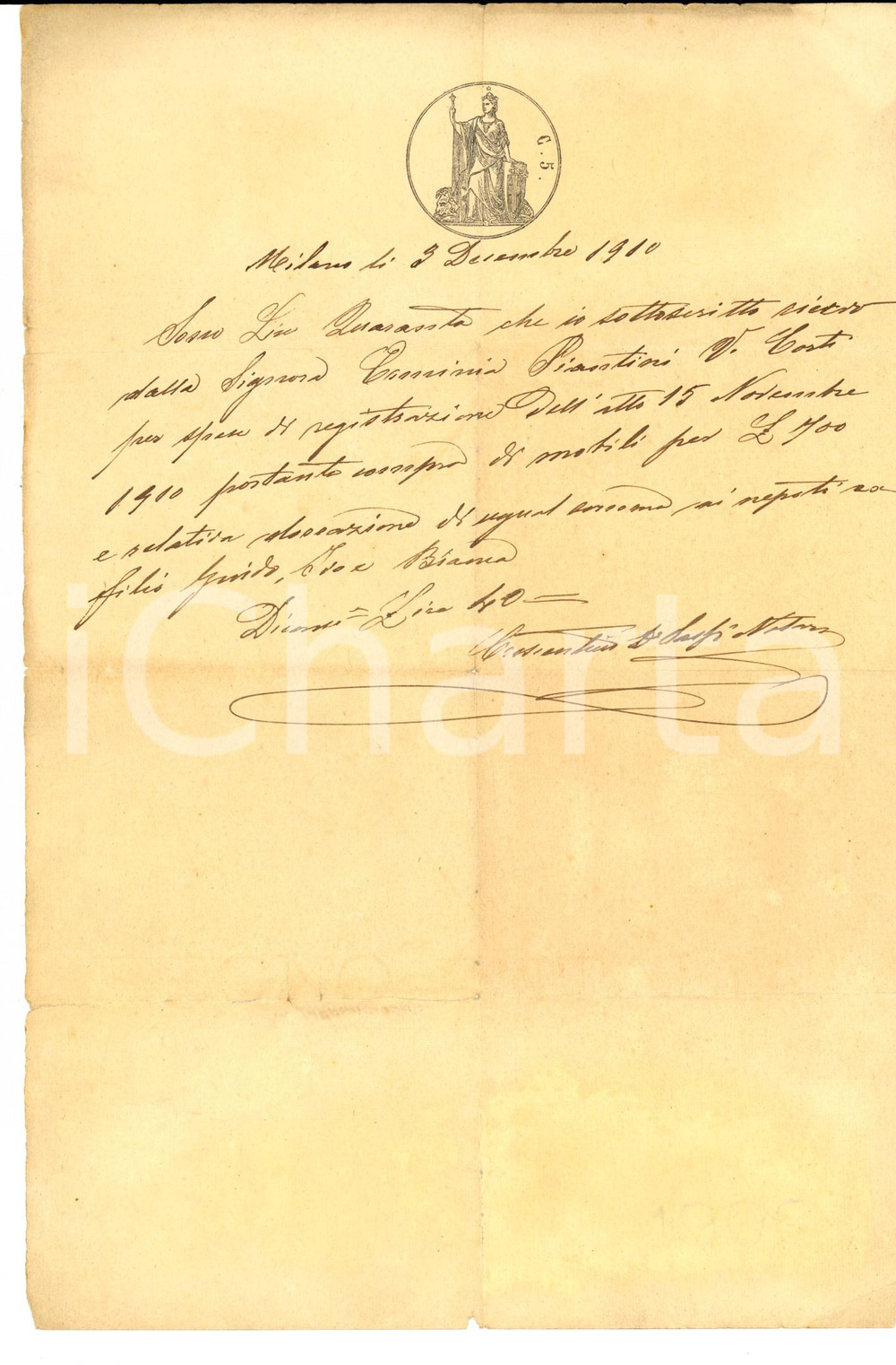 Documento originale, autentico 1910 MILANO Ricevuta notaio Costantino SASSI a Erminia PIANTINI CORTI Bollo c. 5 1
