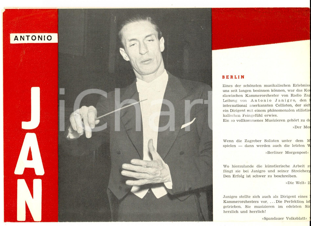 Materiale pubblicitario d’epoca 1957 Antonio JANIGRO Concerti e rassegna stampa Pieghevole PUBBLICITARIO 1