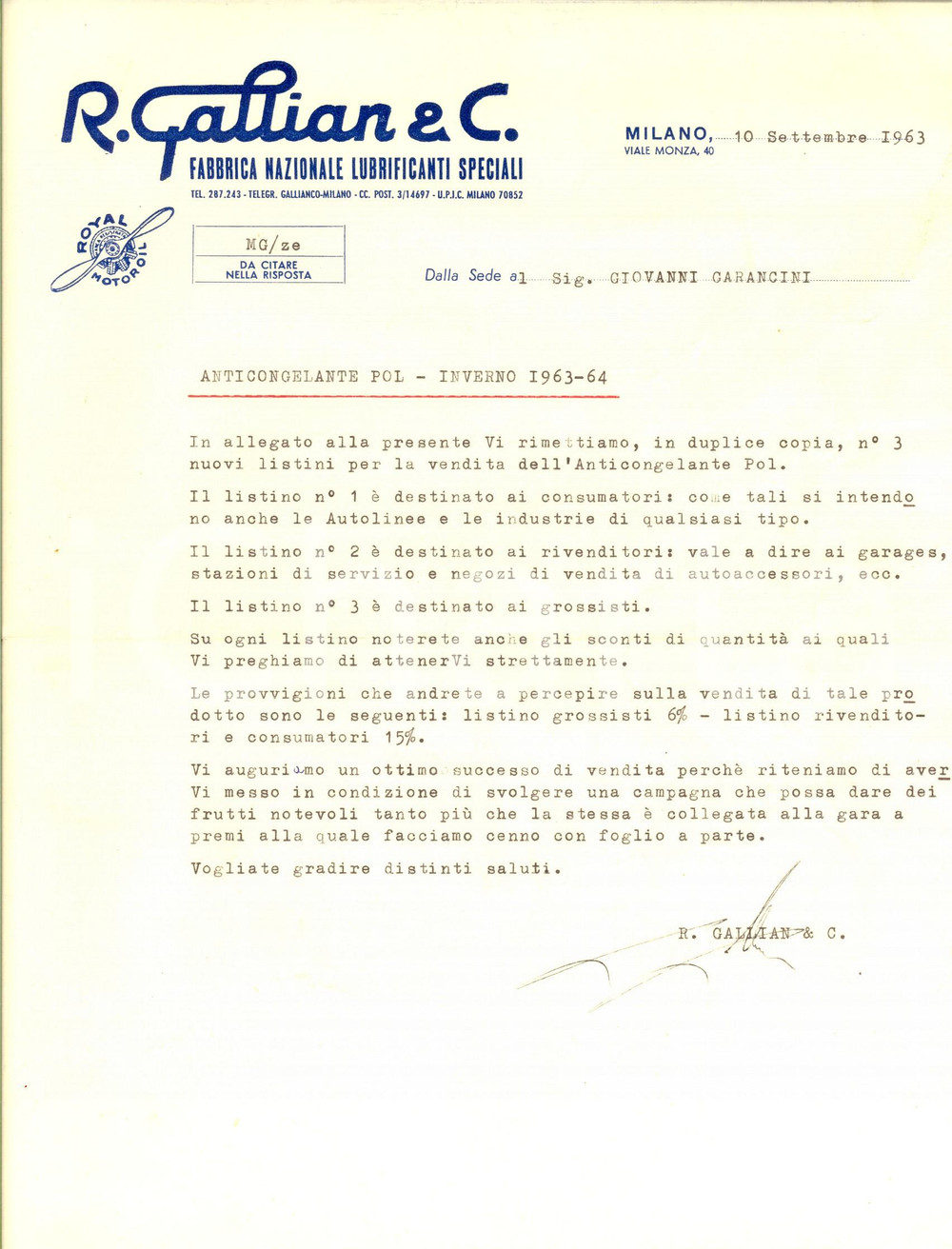 Documento originale, autentico 1963 MILANO Fabbrica R. GALLIAN Lubrificanti speciali Lettera commerciale 1