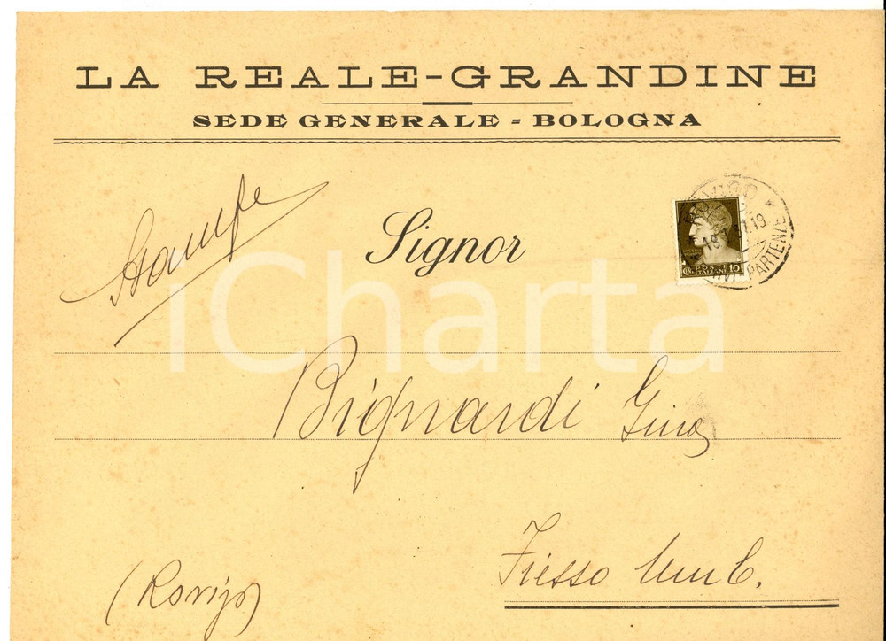 Materiale pubblicitario d’epoca 1937 BOLOGNA Assicurazioni LA REALE  GRANDINE Busta vuota 23x18 cm 1