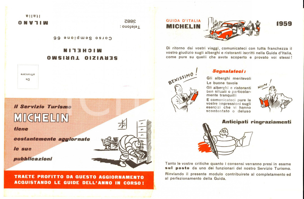 Materiale pubblicitario d’epoca 1959 Guida d Italia MICHELIN  Modulo per giudizio alberghi e ristoranti 1