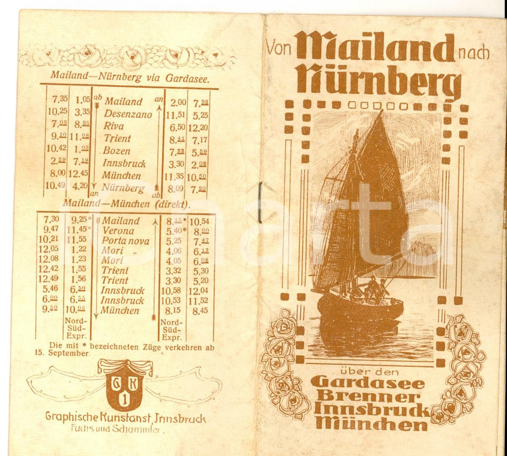 Materiale pubblicitario d’epoca 1900 ca MILANO  NORIMBERGA via Lago GARDA Libretto trasporti ILLUSTRATO 16 pp. 1