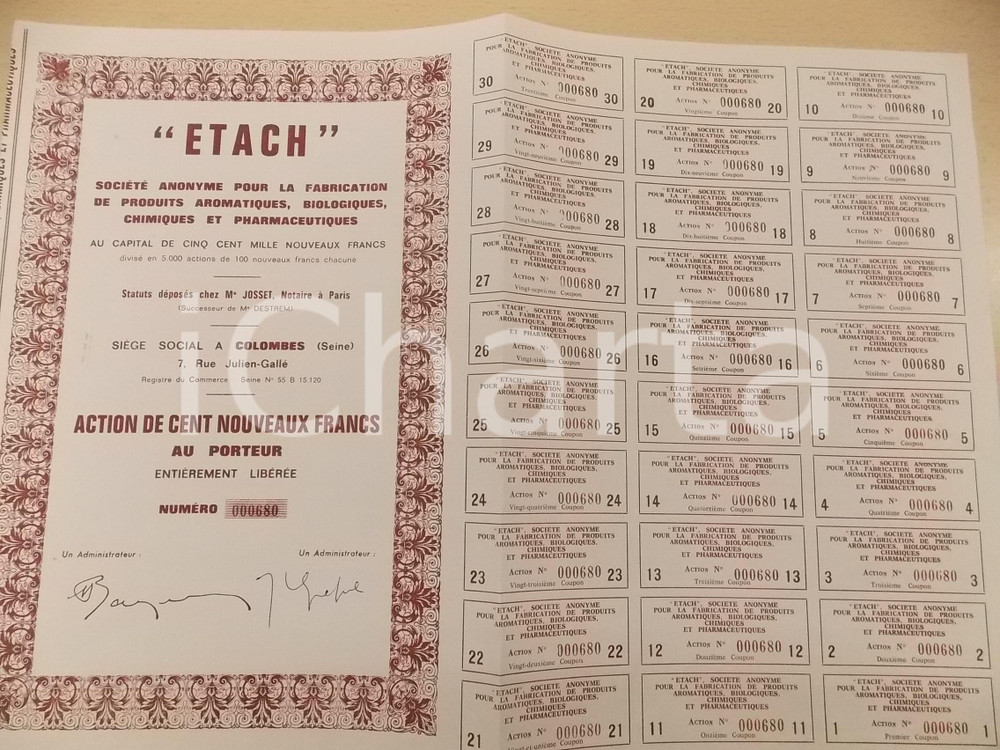 Oggetto da collezione cartaceo 1935 ca PARIS ETACH SociÃ©tÃ© Anonyme Fabrication Produits Aromatiques Action 1