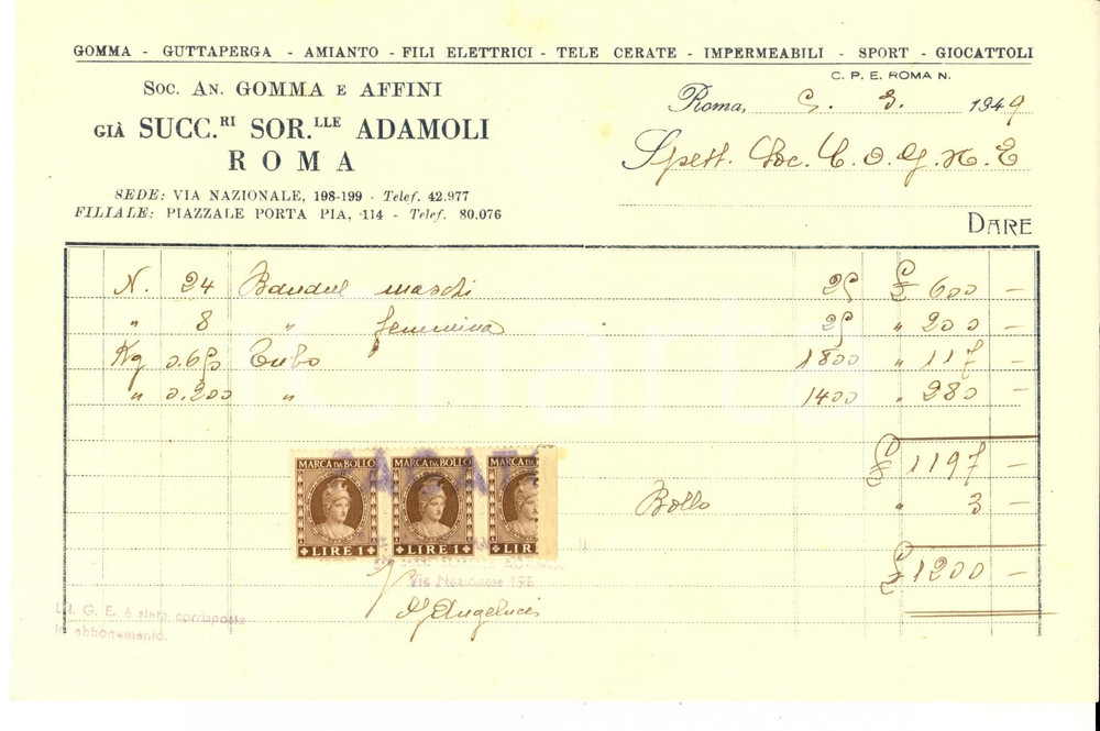 Documento originale, autentico 1949 ROMA SocietÃ  Anonima GOMMA E AFFINI giÃ  ADAMOLI Fattura con bolli 1